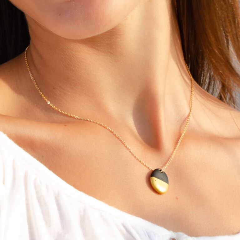 Collier En Agate Miel & Or 18K Plaqué - Bijou Français Neuf Avec Étiquettes - Pendentif Élégant