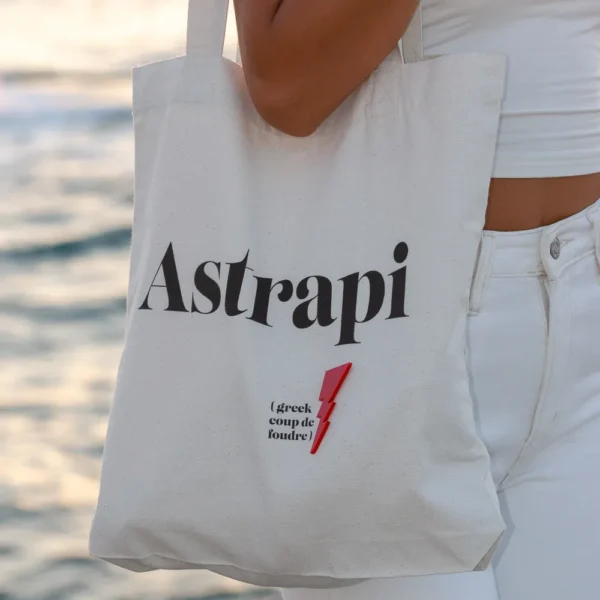 Tote bag Astrapi, broche éclair plexiglass, design épuré et décalé par Photyne
