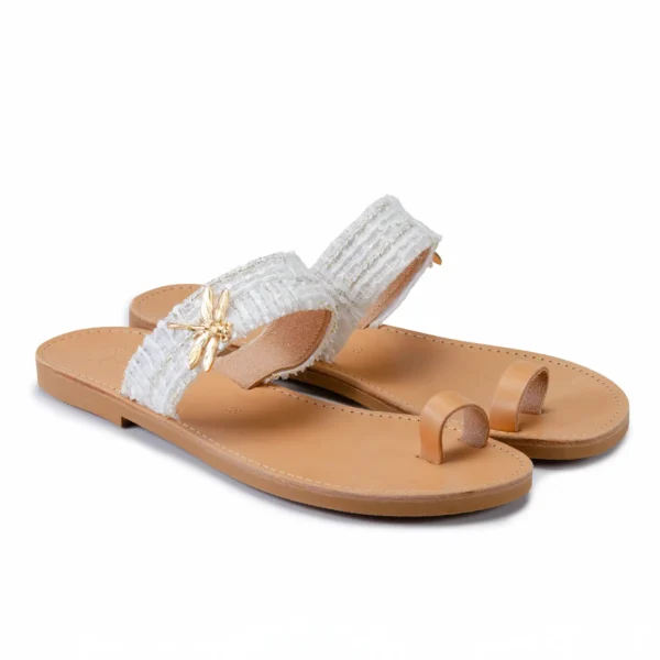 Sandales Cuir en Tweed Blanc Haute Couture et Bijou doré 24 carats Anissa par Photyne