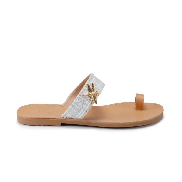 Sandales en Cuir pour Femme ANISSA, tweed blanc et ornement libellule, savoir-faire franco-grec pour un été chic par Photyne