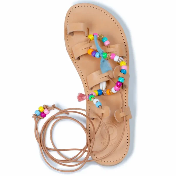 Sandales Gladiateur Margarita couleur Neon: Cuir et perles colorées - artisanat Grec et Français - Une création Photyne