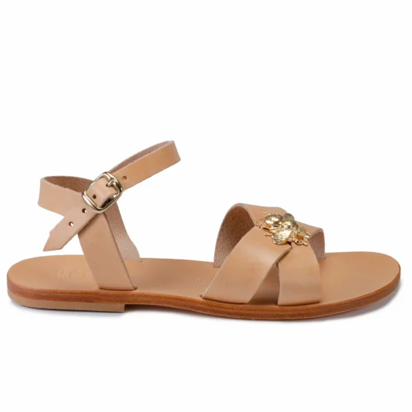 Sandales pour Femme MELAINA, lanières de cuir croisées et décors à l' Or fin, fabriquées dans le respect du patrimoine Français et Grec - Photyne