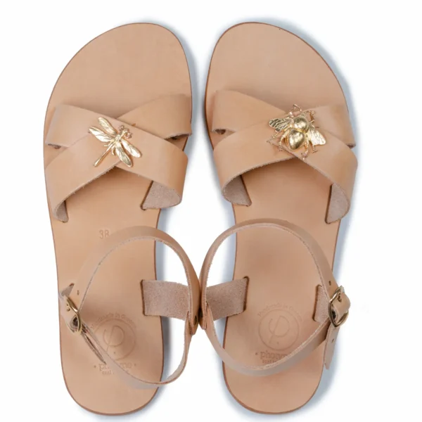 Sandales MELAINA en cuir véritable, ornées d'abeille et libellule dorées à l'or fin 24 carats - Photyne