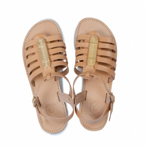 Sandales Cuir et Or RHEA : Élégance intemporelle des spartiates avec bijou doré - Artisanat Français et Grec - Photyne