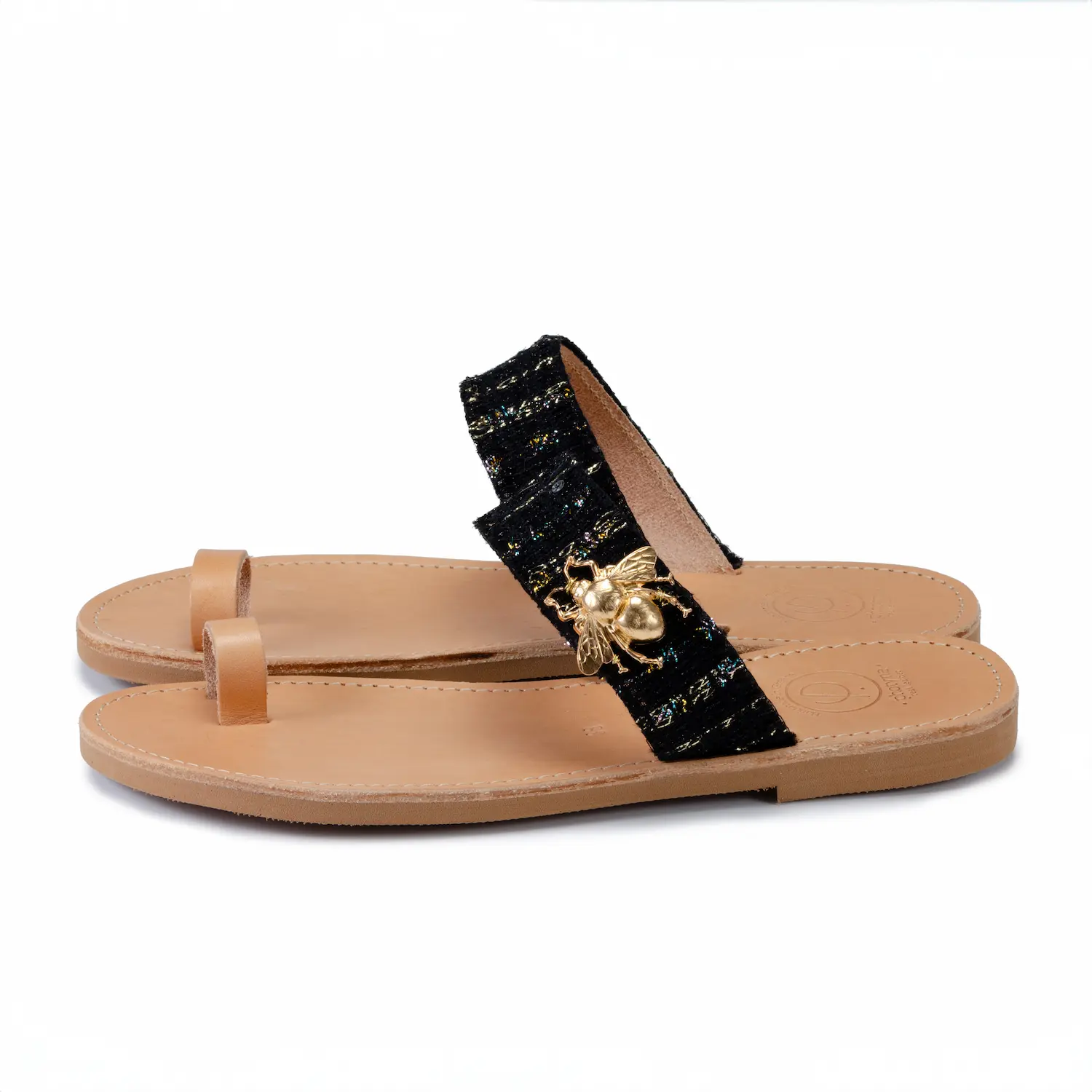 Sandales en cuir véritable et tweed MELISSA, bijou d'abeille doré, confection éco-responsable franco-grecque