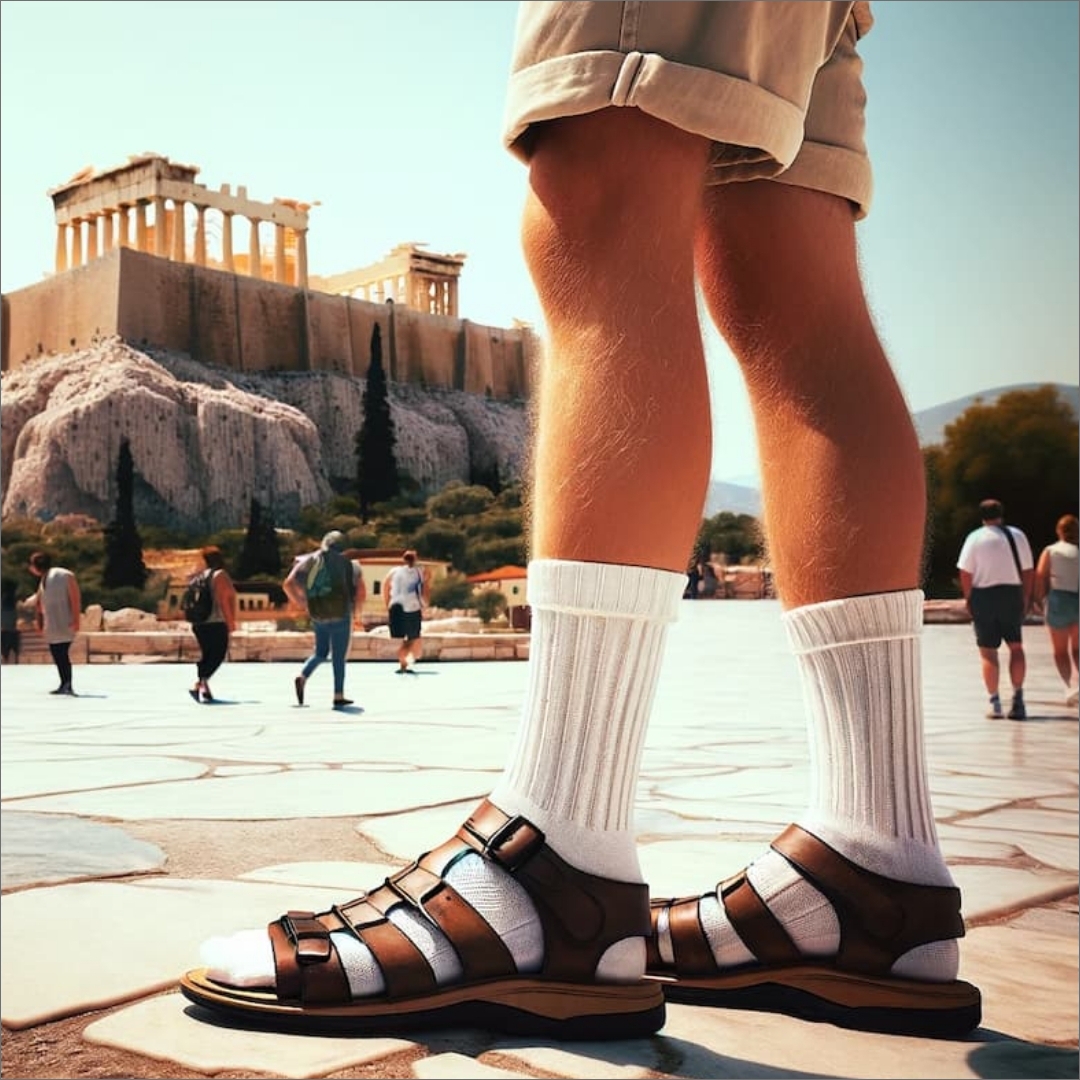 sandales et chaussettes devant l'Acropole - Histoire de la sandale - Photyne