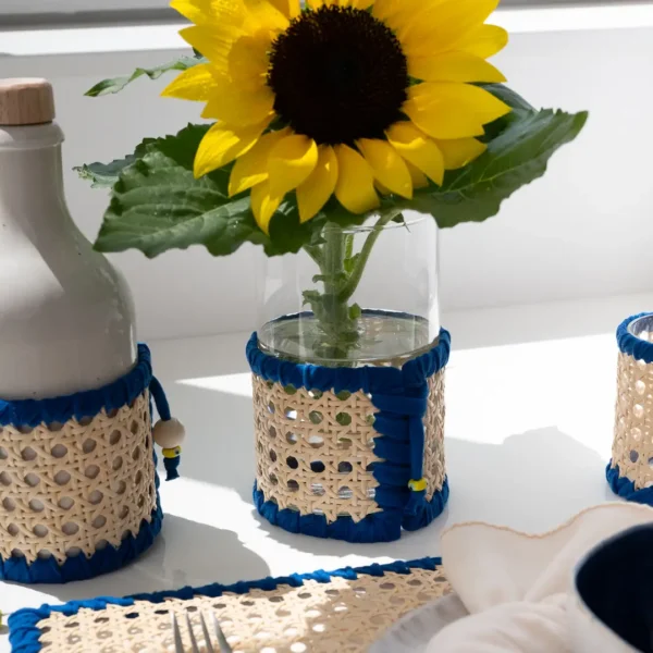 Vase Anthis - Rotin et coton tressé bleu-Création unique Photyne