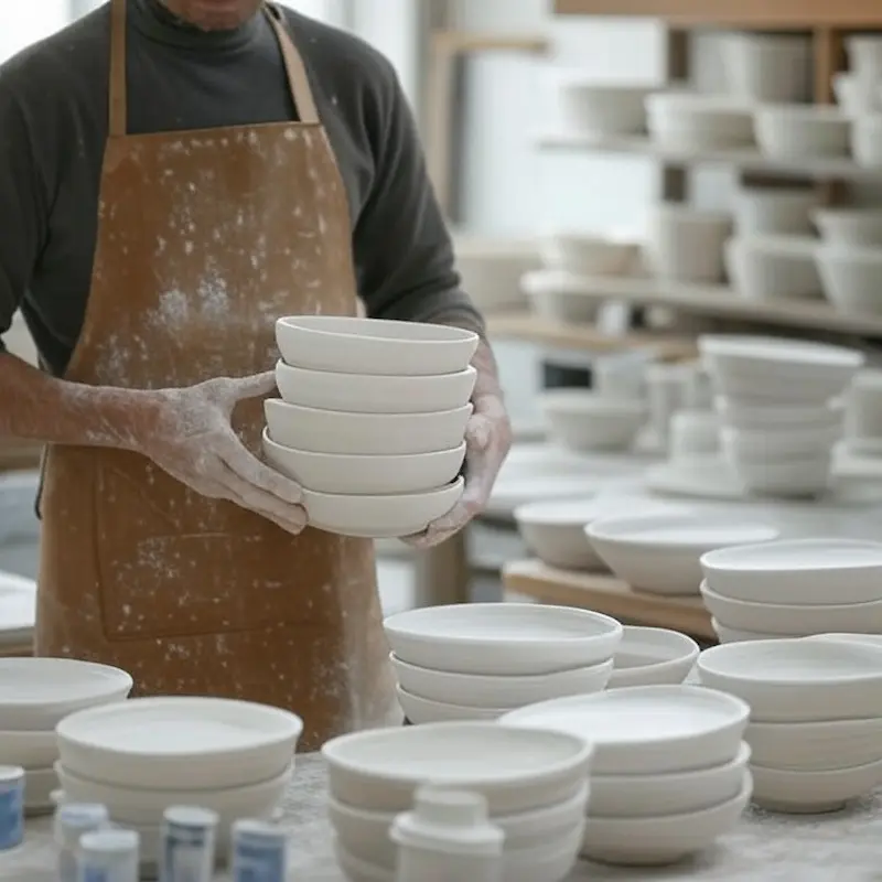 Artisan portant des assiettes en porcelaine