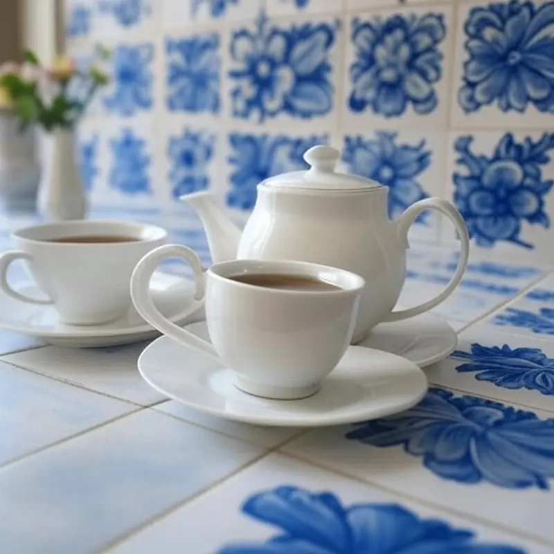 Tasses en porcelaine sur carrelage