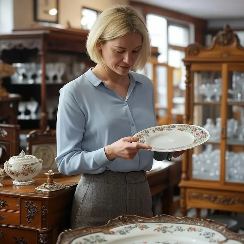 Expert examinant une assiette de porcelaine chez un antiquaire - photyne