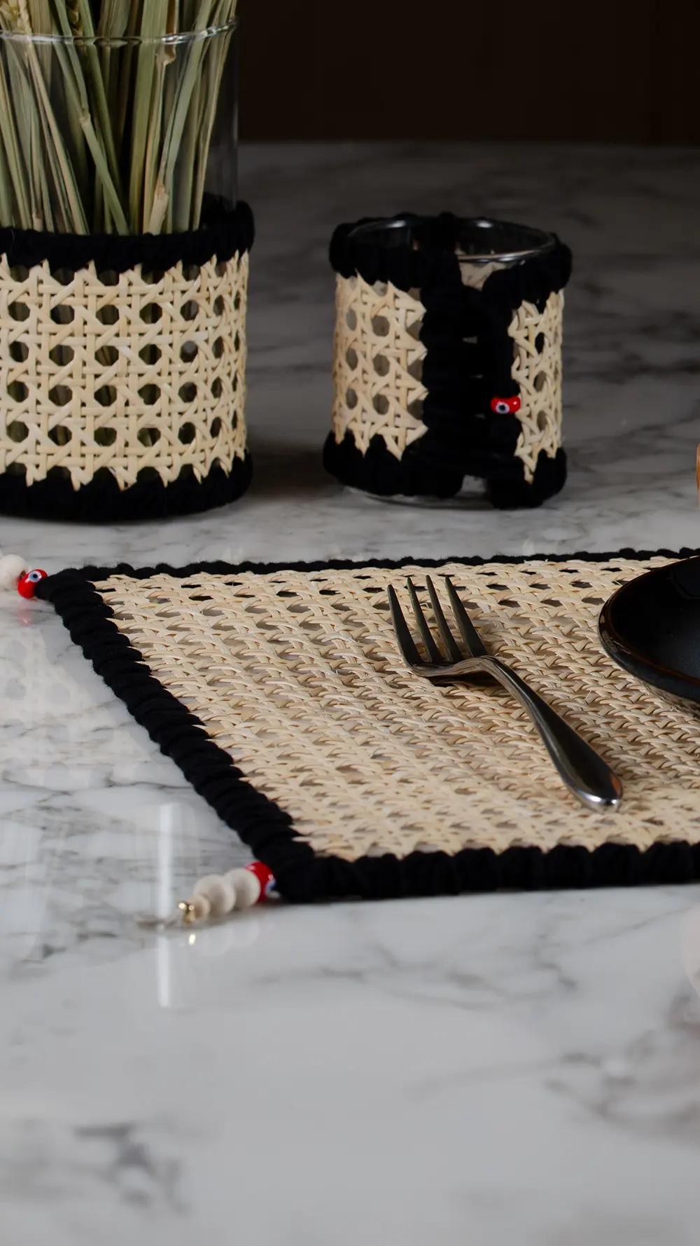 Ensemble canna noir - rotin et coton-photyne