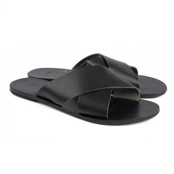 Sandales grecques à brides croisées noires en cuir – modèle Vera Photyne