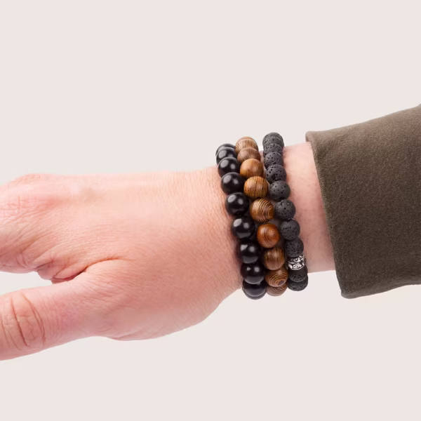 Ensemble de bracelets pour homme Photyne - bois d'ébène, bois de wengé et perles de lave noires.