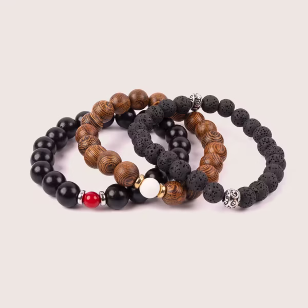 set de trois bracelets uniques pour homme - bohème chic grec- ébène, wengé et pierres de lave - Photyne