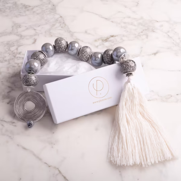 Komboloï de table- modèle Lissos- spirale argent et perles céramique grises- photyne