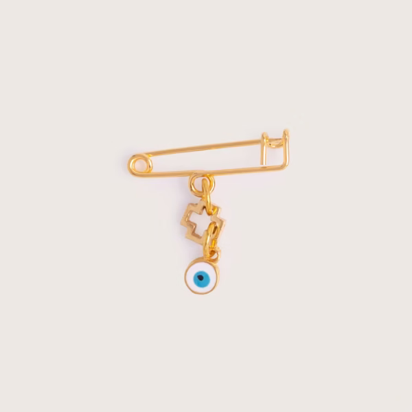 Broche pour bébé, croix et oeil bleu, un bijou porte bonheur pour le nouveau né - santé et chance - Photyne