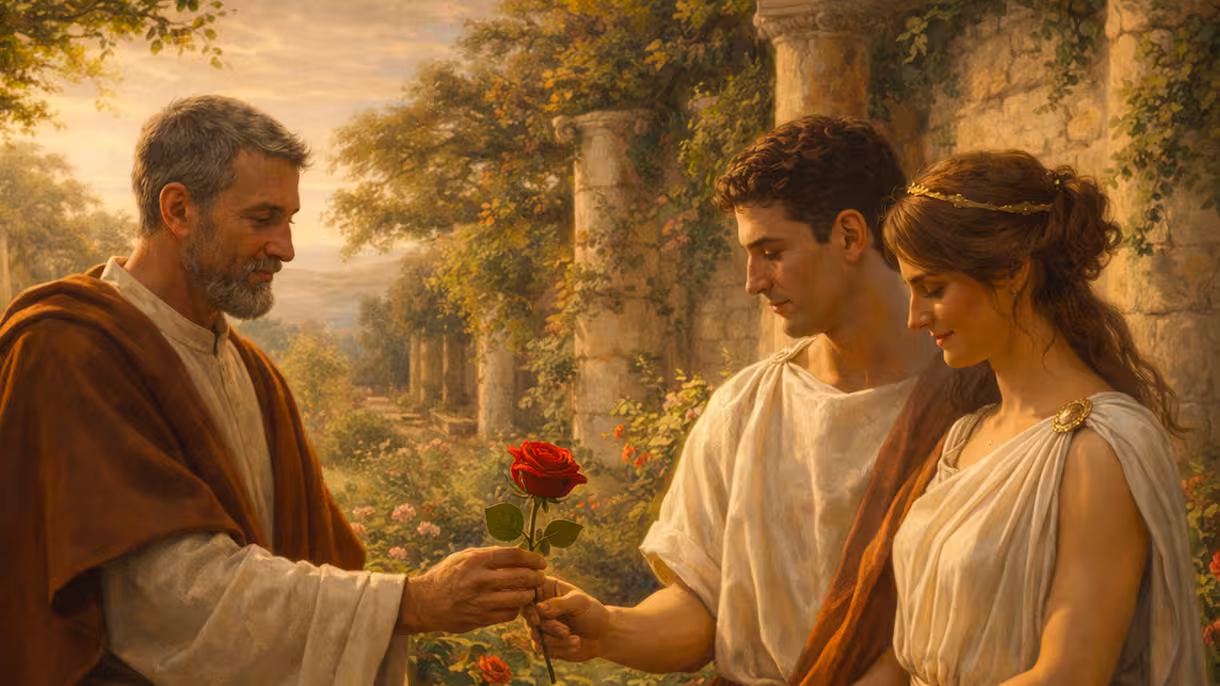 Saint Valentin offrant une rose à deux amoureux qui se dispute - origine de la tradition