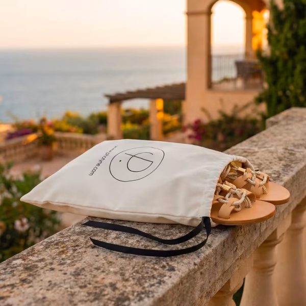 Sac de transport en toile pour sandales Photyne posé sur un muret - décor méditerranéen