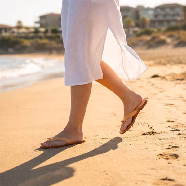 sandales grecques en cuir de style tong femme marchant sur une plage- ambiance méditerranéenne- modèle Elounda par Photyne
