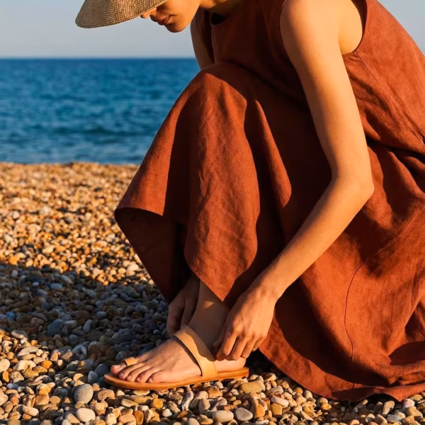 Sandales plates pour femme 100% cuir naturel, faites ùain en Crète - modèle Chania par Photyne