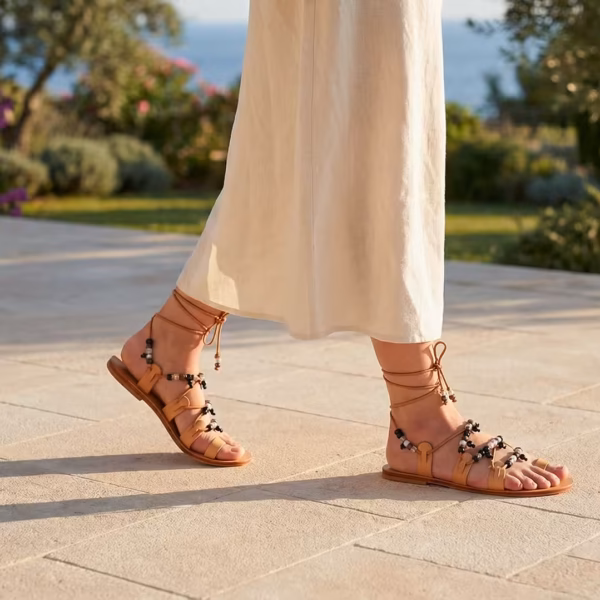 Femme portant une robe longue et des sandales en cuir grec naturel et lacets ornés de perles colorés- style gladiateur - ambiance été- modèle Margarita par Photyne
