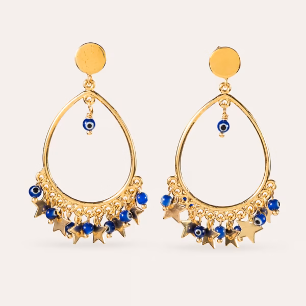 Alternative view of Boucles d'oreilles chandelier avec étoiles et oeil protecteur bleu Eolia