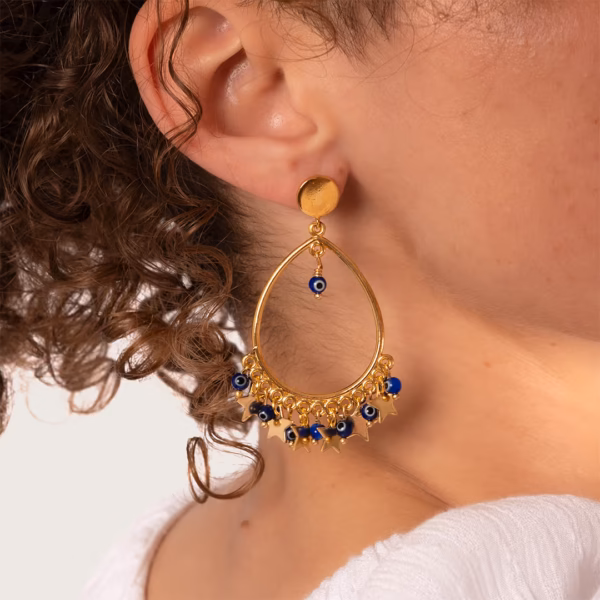 Boucles d'oreilles chandelier avec étoiles et oeil protecteur bleu Eolia