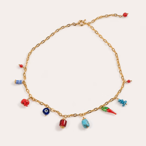 Collier chaîne dorée avec pendentifs corail céramiques turquoises multicolores - modèle Korali - un bijou Photyne