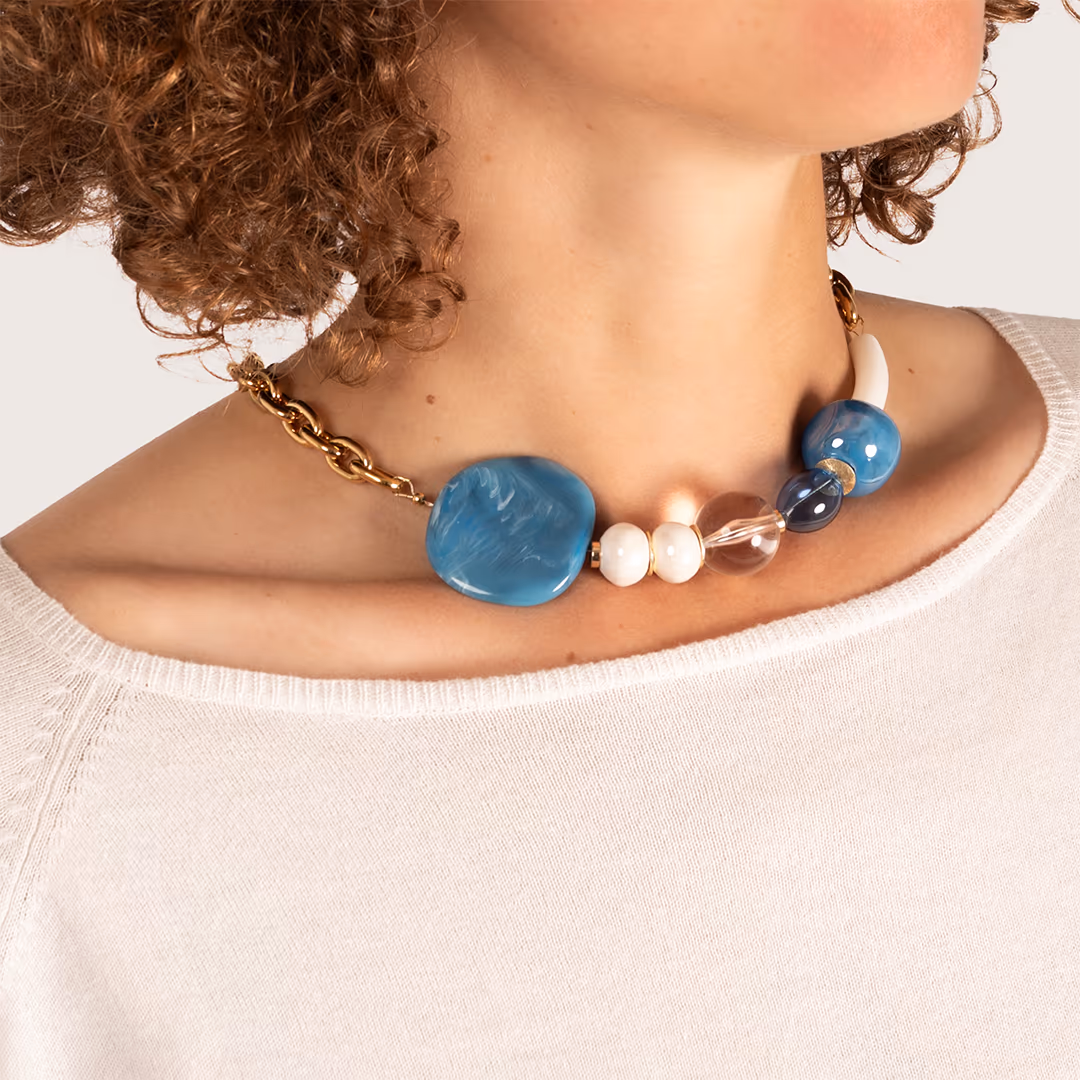 Collier à grosses perles bleues et blanches - maillons larges - Photyne