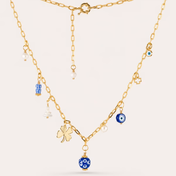 Ras du cou chaine or et pendentifs charms bleu et or - modèle Oria - un bijou Photyne
