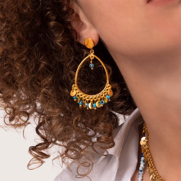 Boucles d'oreilles chandelier pièces et oeil protecteur turquoise Selena