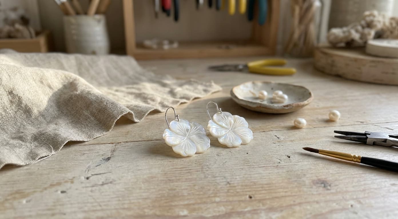 Boucles d'oreilles Vivi en nacre blanche dans un atelier artisanal - Photyne